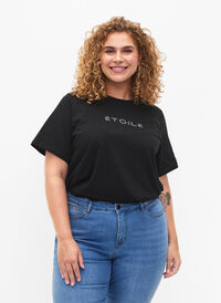 Luomupuuvillasta valmistettu t-paita tekstillä, Black ÉTOILE, Model