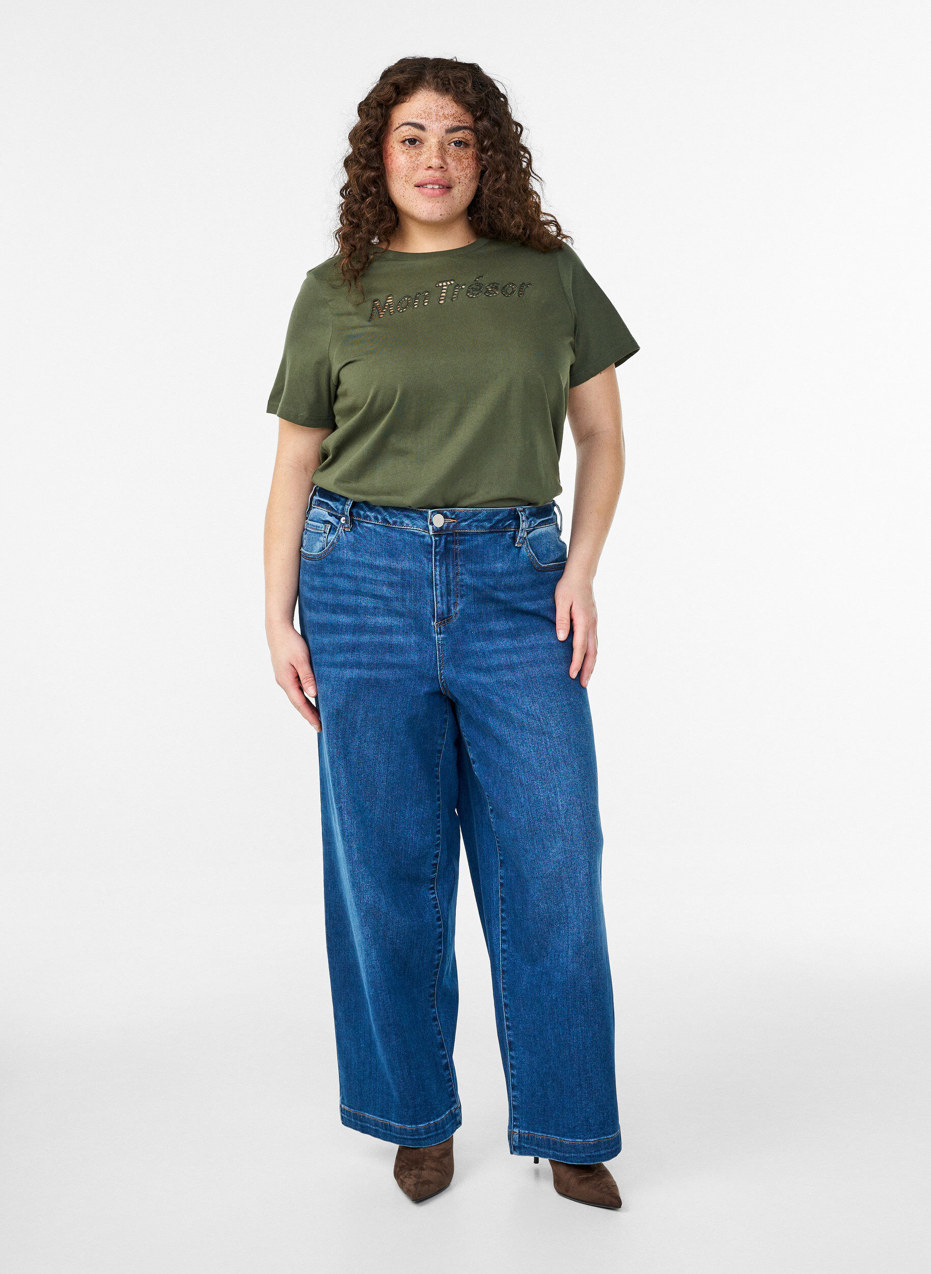 Zizzi Puuvillapaita koristeellisella etudetaljilla, Vihre&auml;, Model image number 1