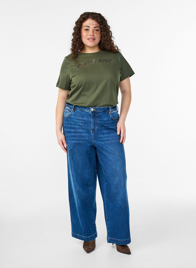 Puuvillapaita koristeellisella etudetaljilla, Vihre&auml;, Model image number 1