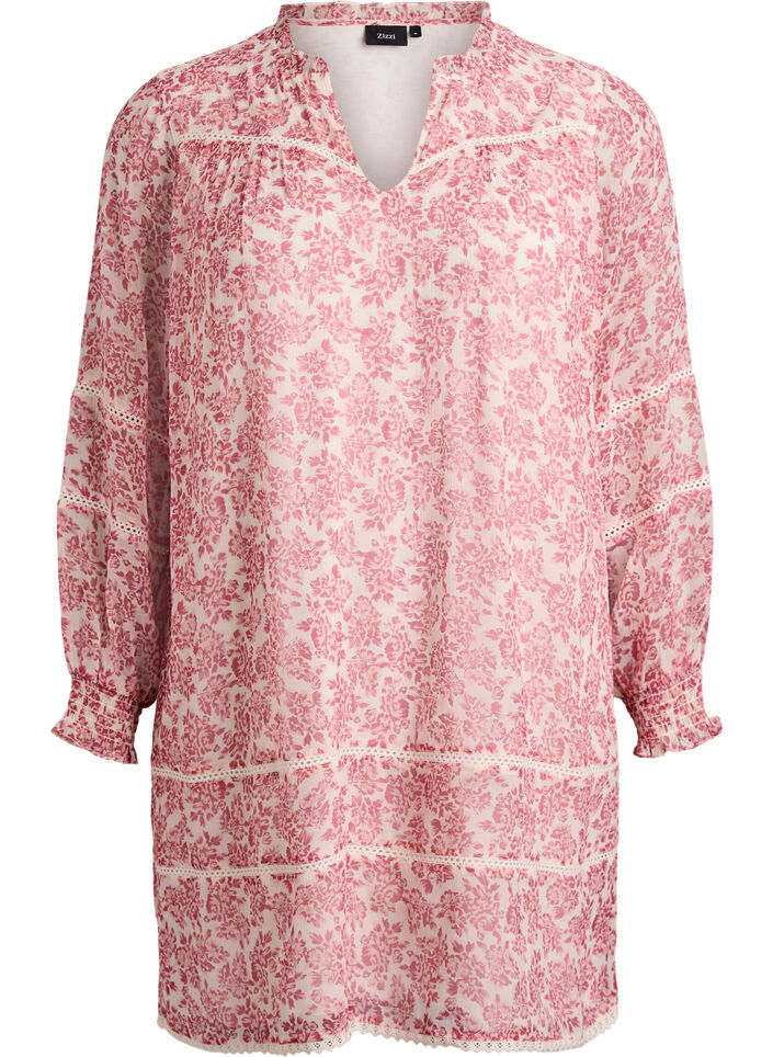 Lyhyt sifonkimekko virkkausdetaljeilla, Vaaleanpunainen, Packshot image number 0