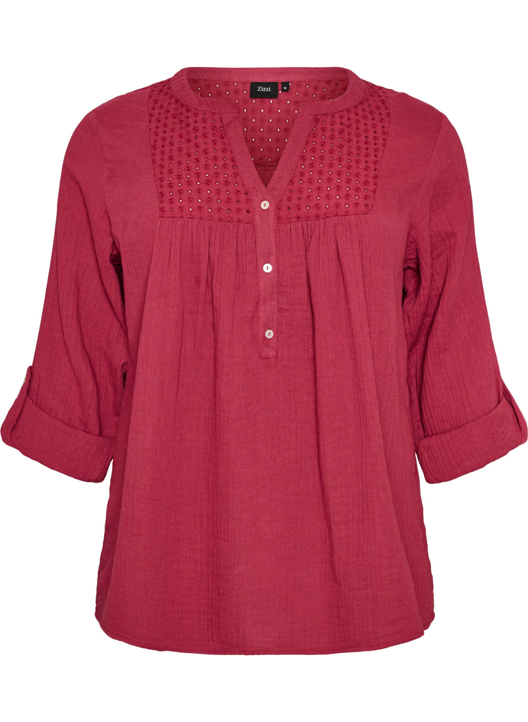 ZizziPaita puuvillamusliinissa, jossa broderie anglaise -kirjailu, Punainen, Packshot image number 0