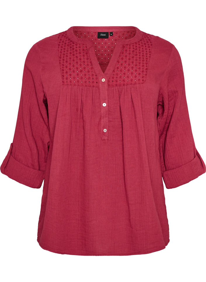 Paita puuvillamusliinissa, jossa broderie anglaise -kirjailu, Punainen, Packshot image number 0