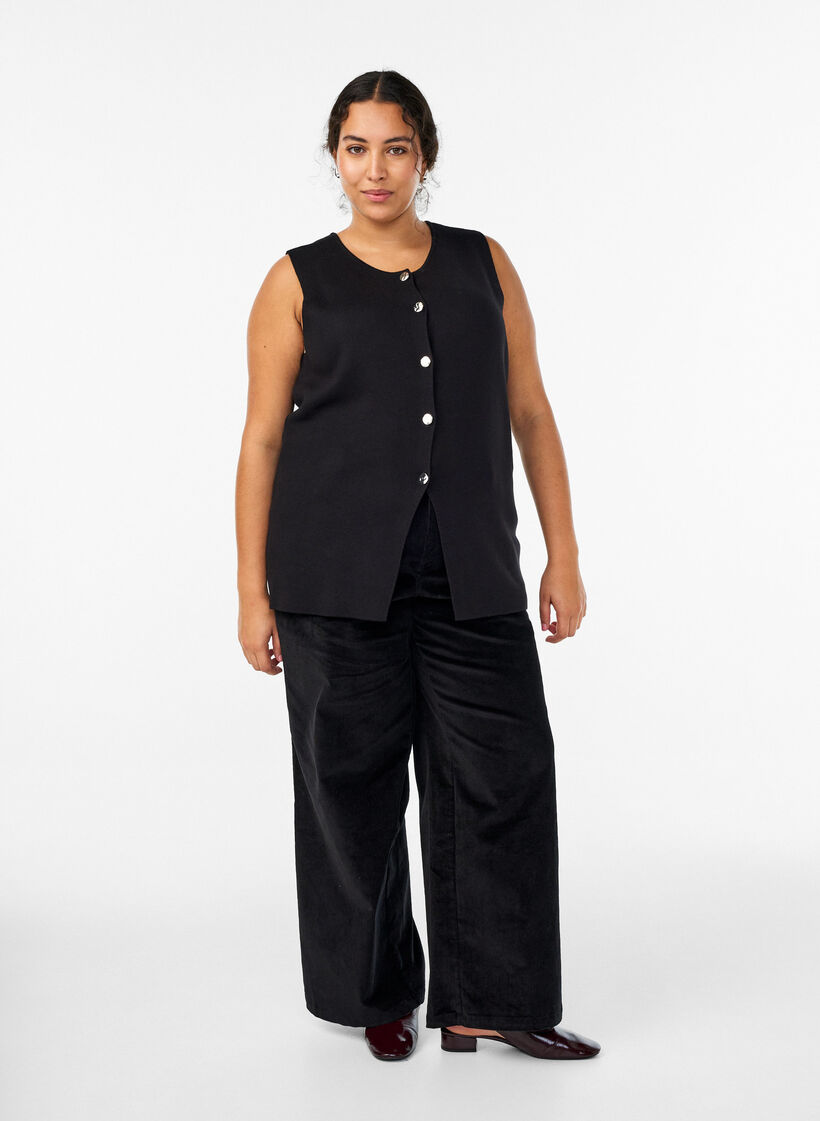 Korkeavyötäröiset samettihousut leveillä lahkeilla, Musta, Model image number 0