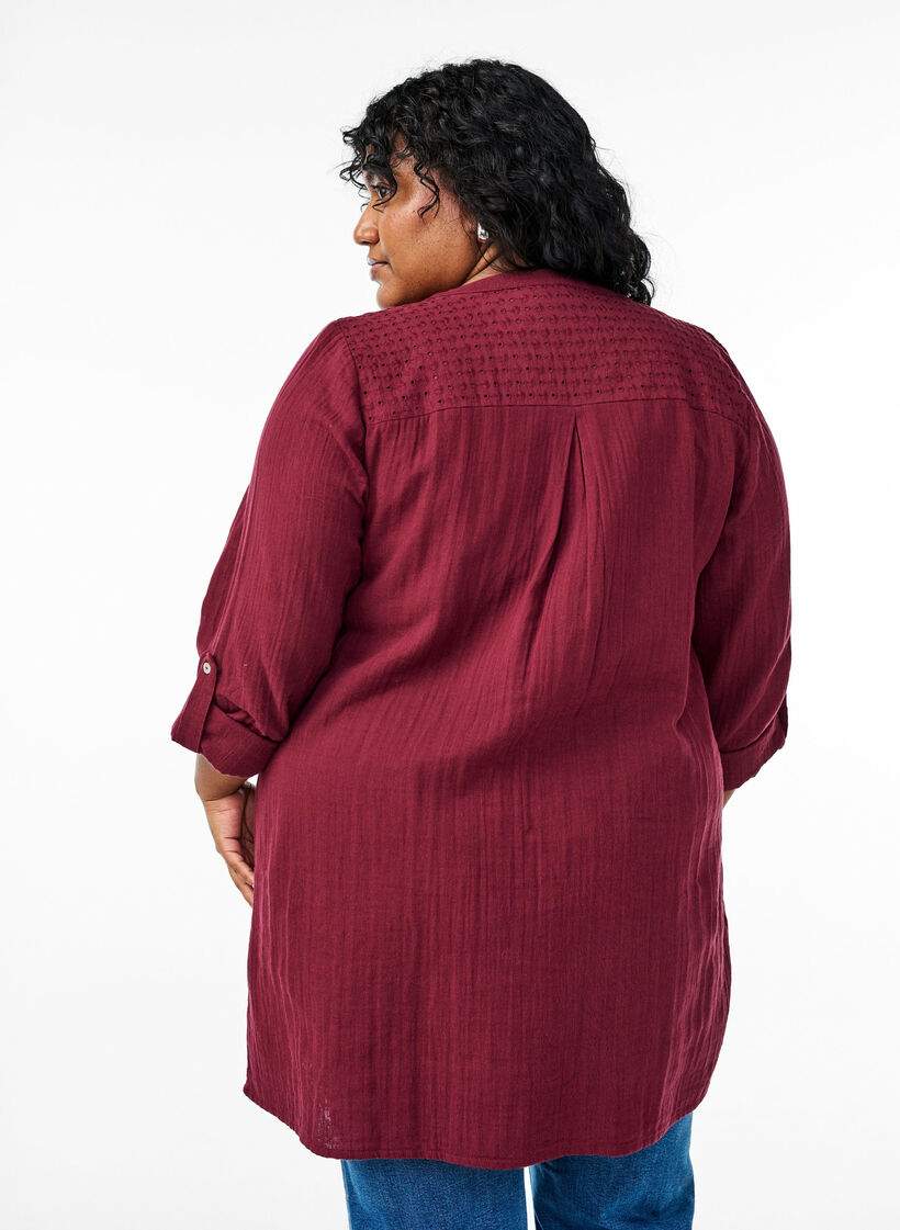 Puuvillamusliinitunika brodeeratulla pitsill&auml;, Tumma Bordeaux, Model image number 2