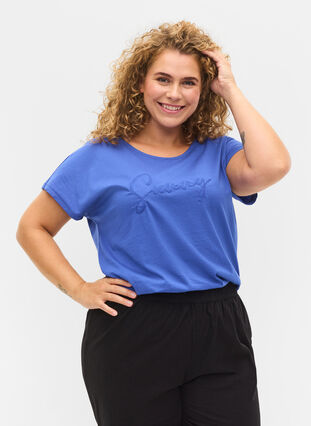Väljä puuvillainen t-paita lyhyillä hihoilla, Dazzling Blue SUNNY, Model image number 0