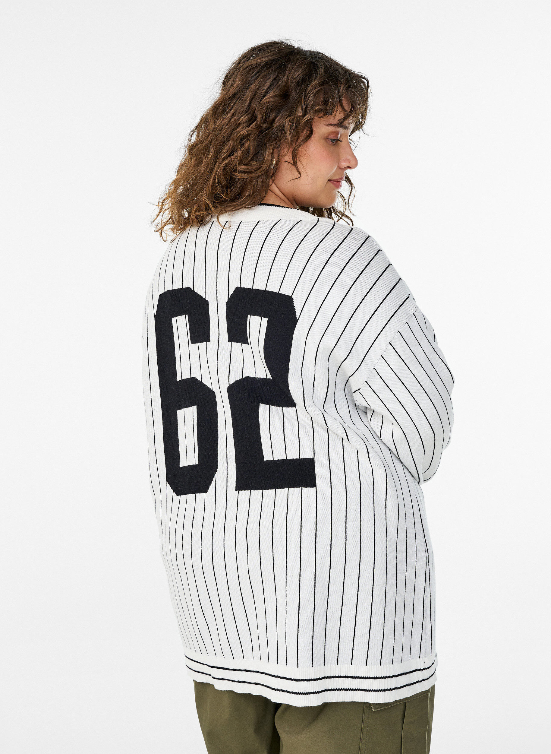 Zizzi Raidallinen neuletakki sel&auml;n printill&auml;, Valkoinen, Model image number 2