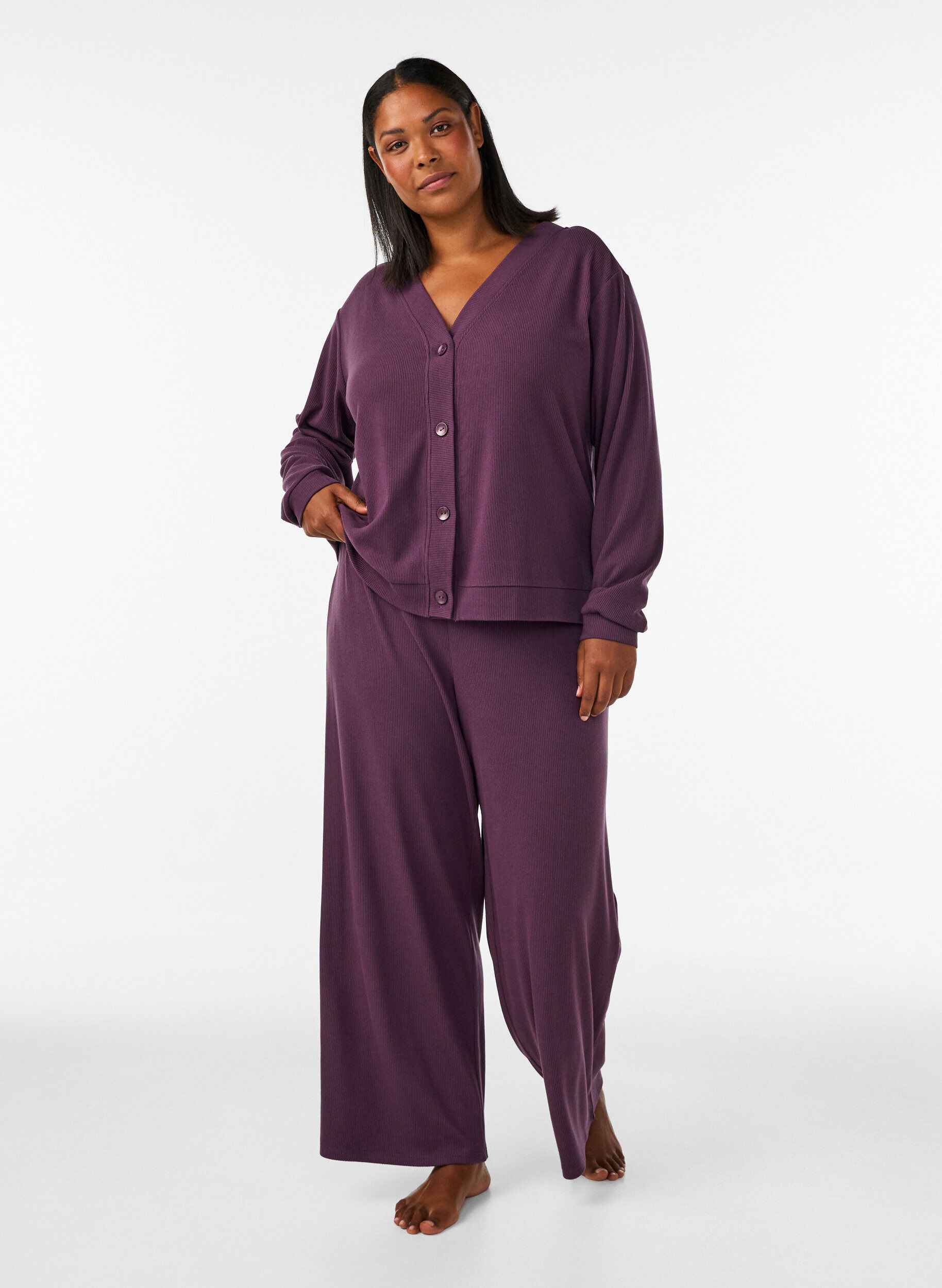 ZizziRibattu neuletakki V-kaula-aukolla, Violetti, Model image number 1