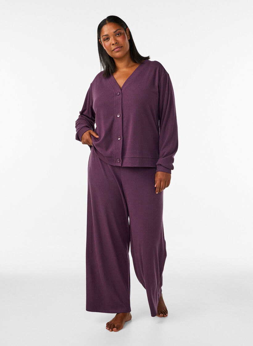 Ribattu neuletakki V-kaula-aukolla, Violetti, Model image number 1