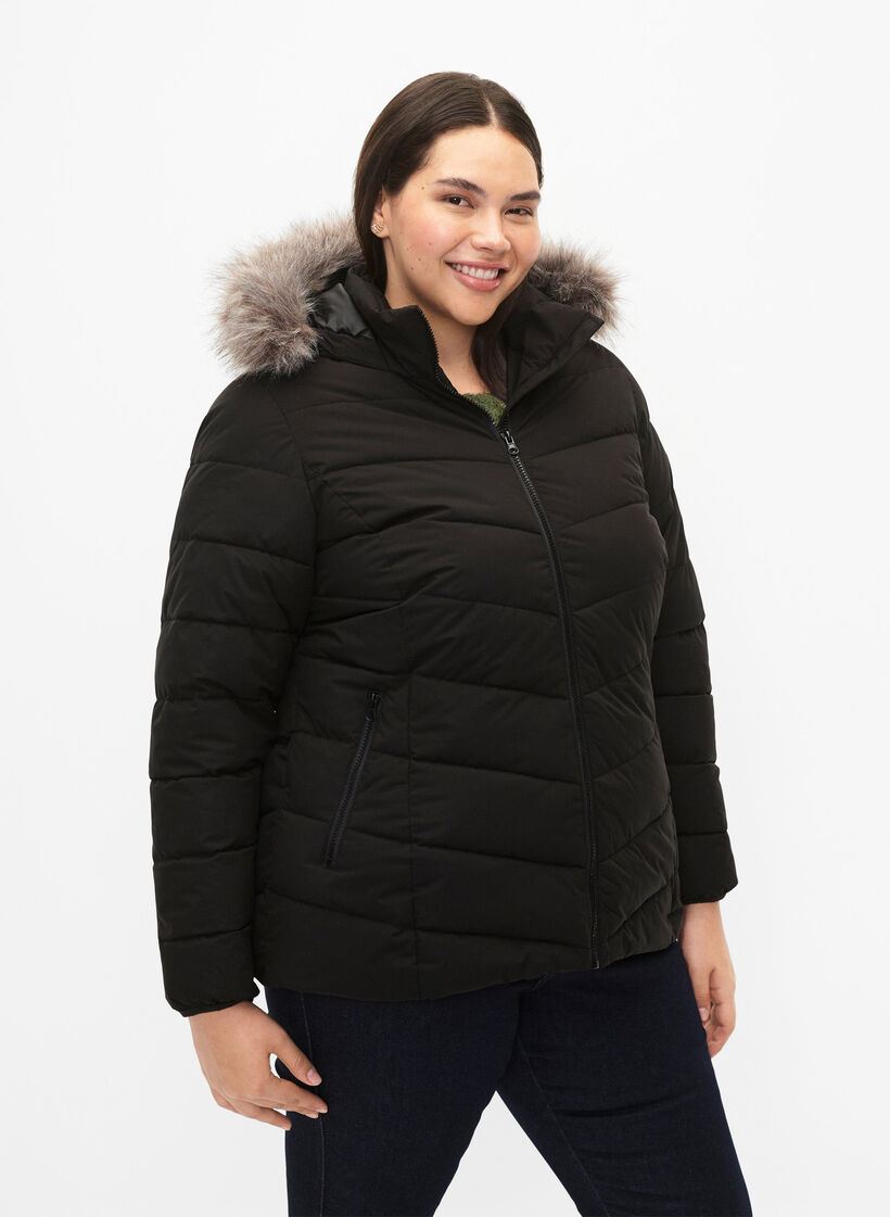 Lyhyt toppatakki hupulla, Musta, Model image number 0
