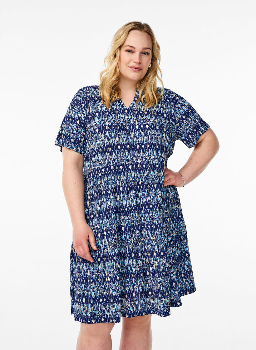 Kuvioitu mekko painatuksella, Sininen, Model image number 0
