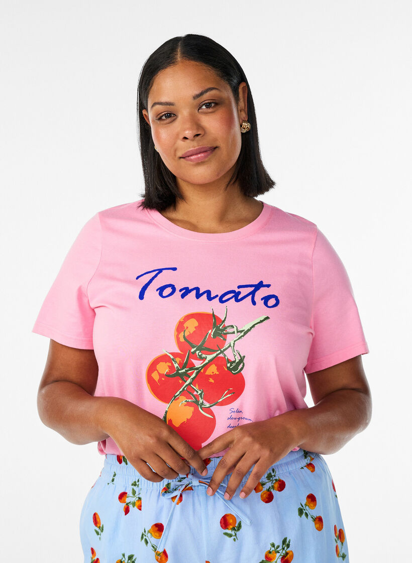 Luomupuuvillainen T-paita tomaatinkuvalla, Vaaleanpunainen, Model image number 0