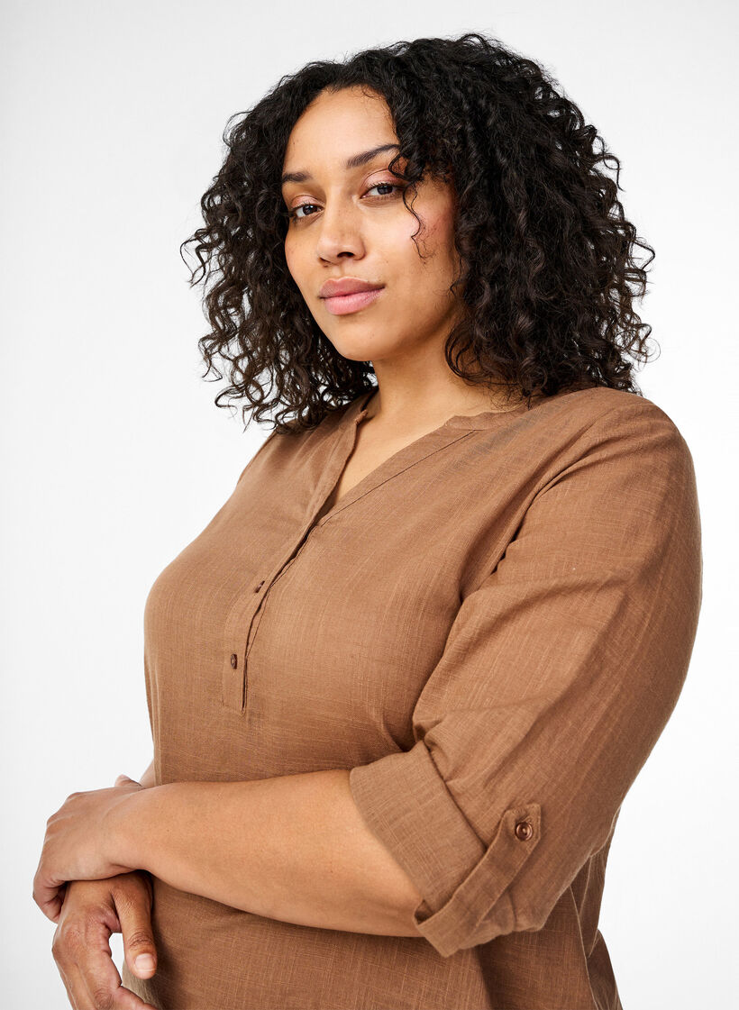 Puuvillainen paitapusero V-kaula-aukolla, Coca Mocha, Model image number 2