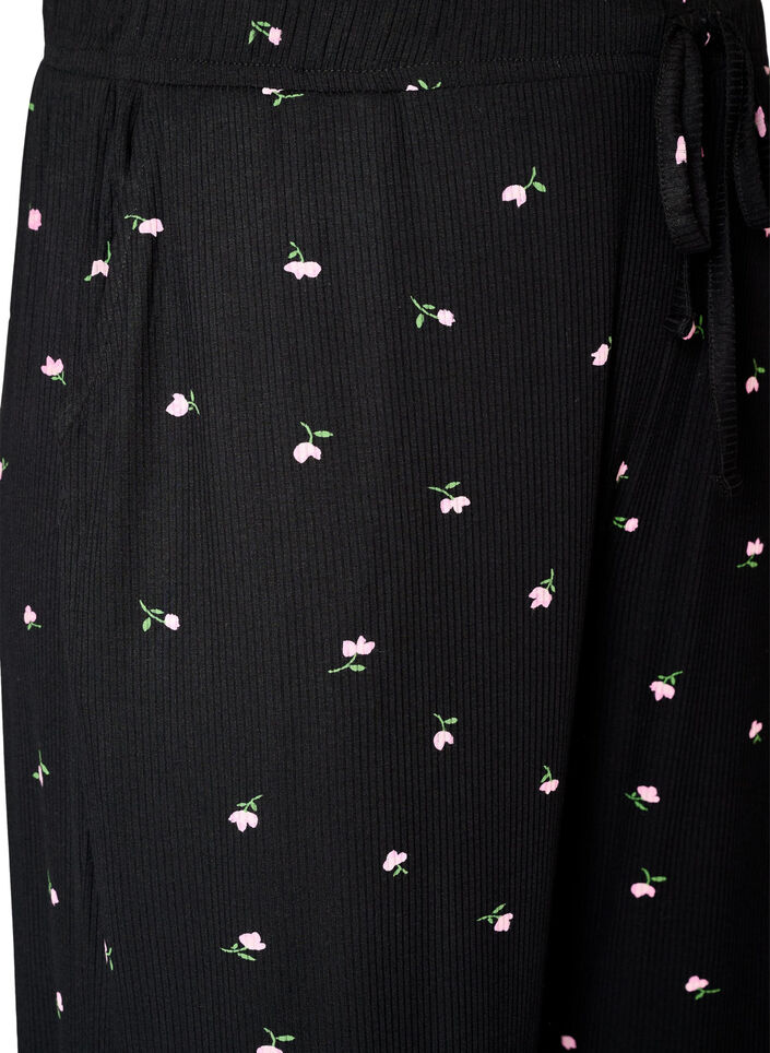 Pyjamahousut ribatulla tekstuurilla ja kukkakuviolla, Musta, Packshot image number 2
