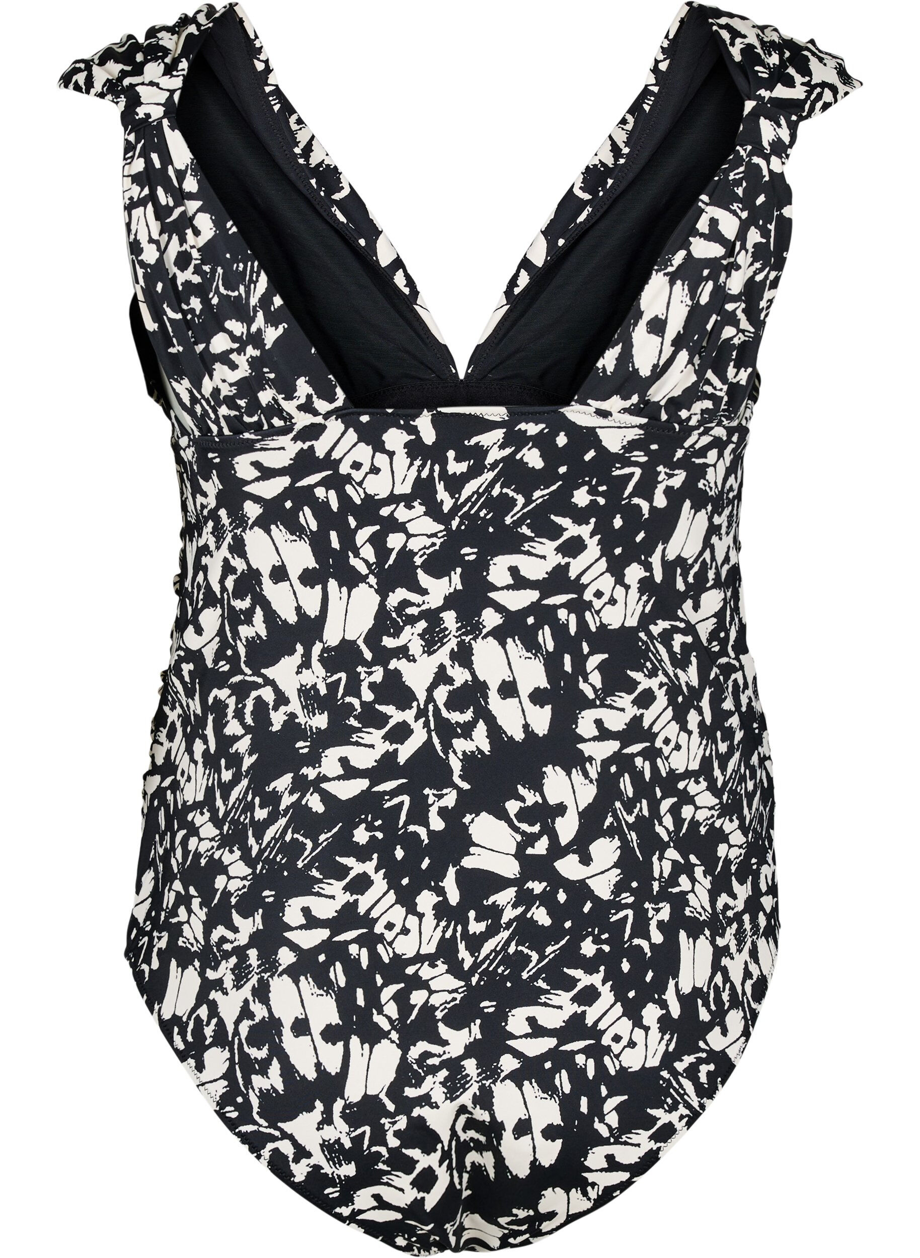 Zizzi Kuvioitu uima-asu syv&auml;ll&auml; V-p&auml;&auml;ntiell&auml;, Musta, Packshot image number 1