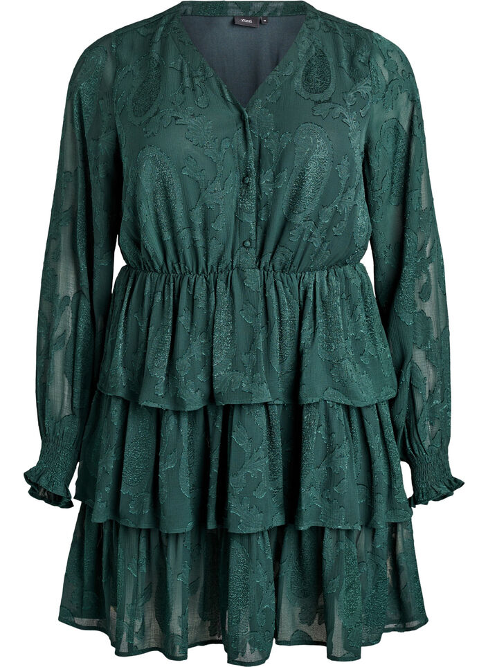 Lyhyt mekko röyhelöillä ja kuviopinnalla, Vihreä, Packshot image number 0