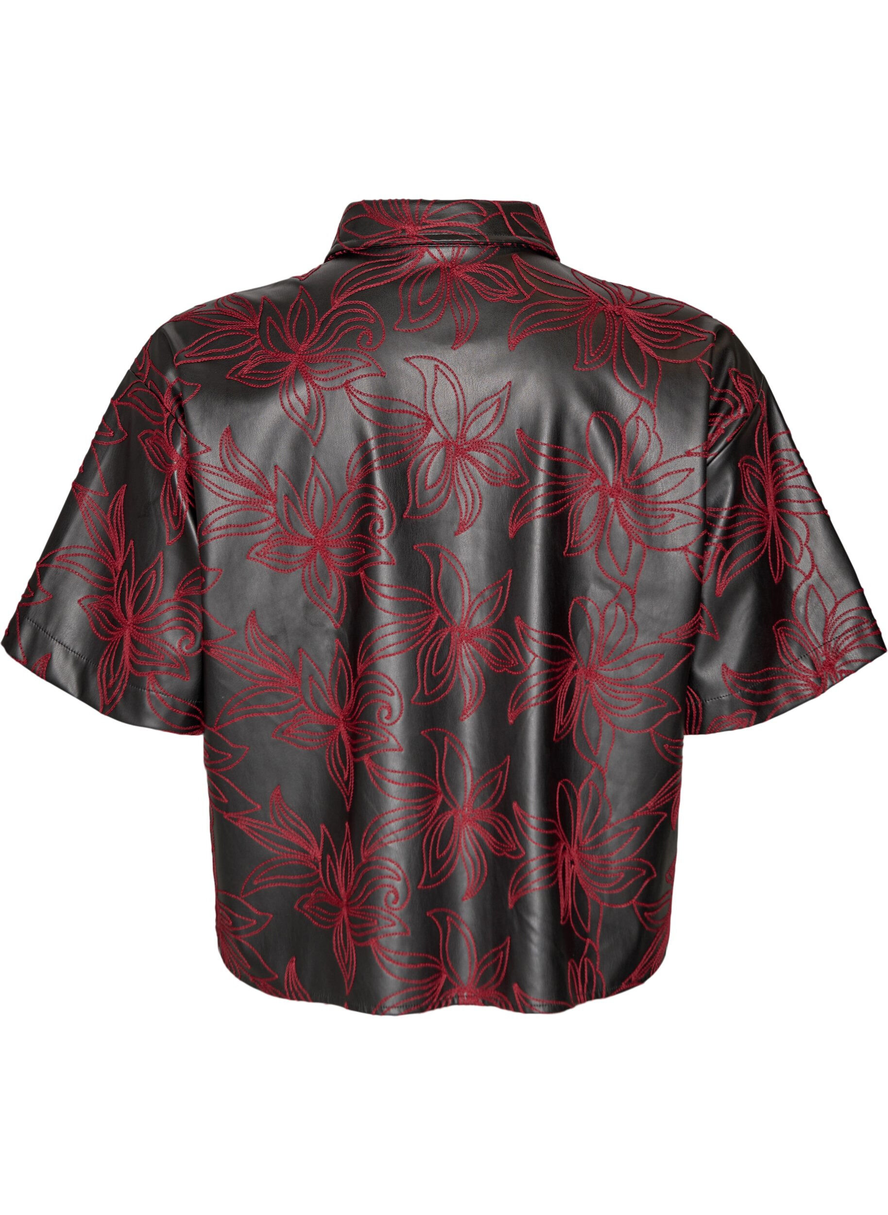 Zizzi Lyhyt keinonahkainen paita kontrastikirjailulla, Musta, Packshot image number 1