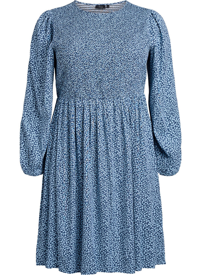 Mekko kuminauhallisella yl&auml;osalla ja pienikukkaisella kuosilla, Sininen, Packshot image number 0
