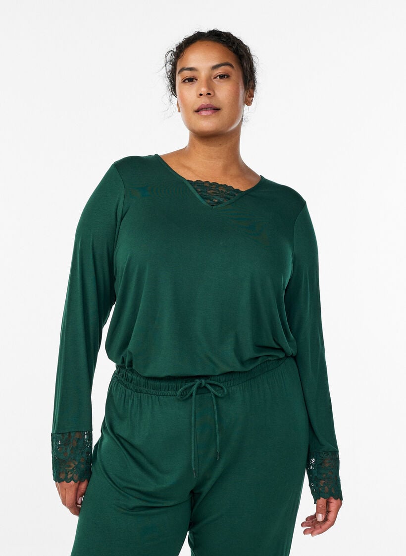 Pitkähihaisen pyjamapusero pitsiyksityiskohdilla, Vihreä, Model image number 0