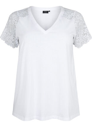 Puuvillainen t-paita lyhyillä pitsihihoilla, Bright White, Packshot image number 0