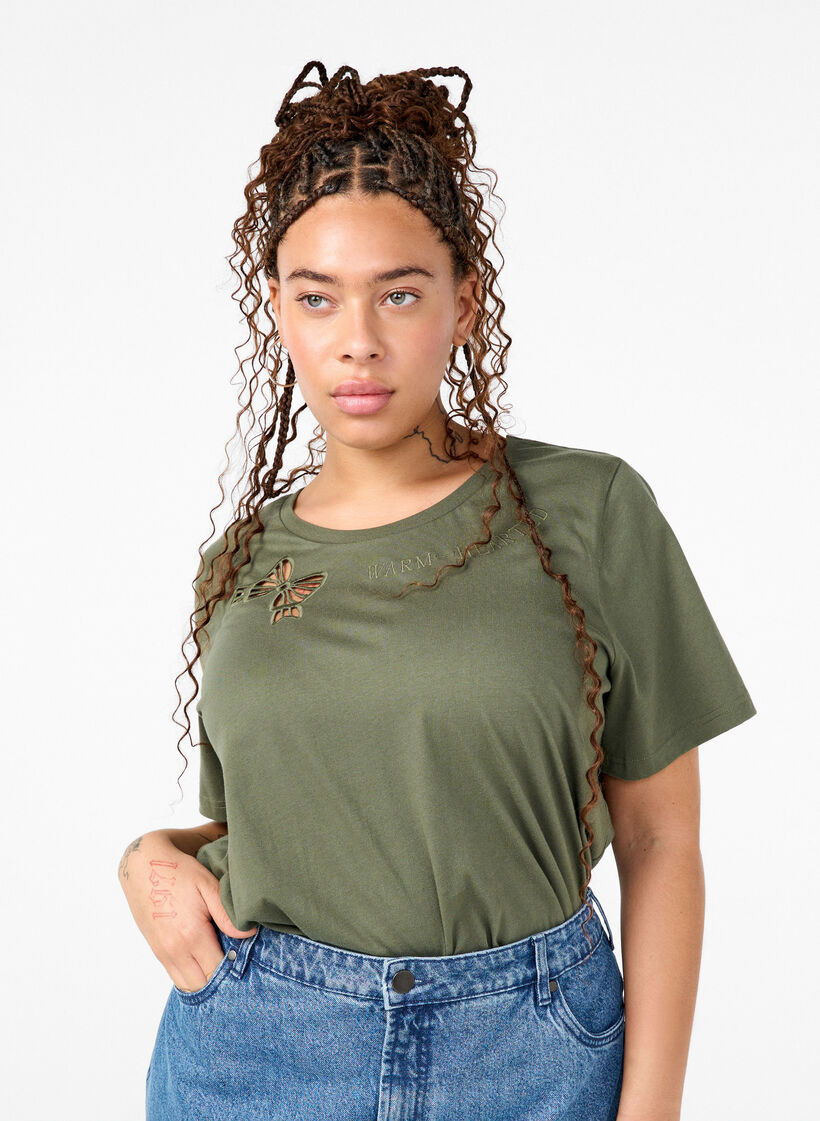 Rusettikoristeinen T-paita luomupuuvillasta, Thyme, Model image number 0