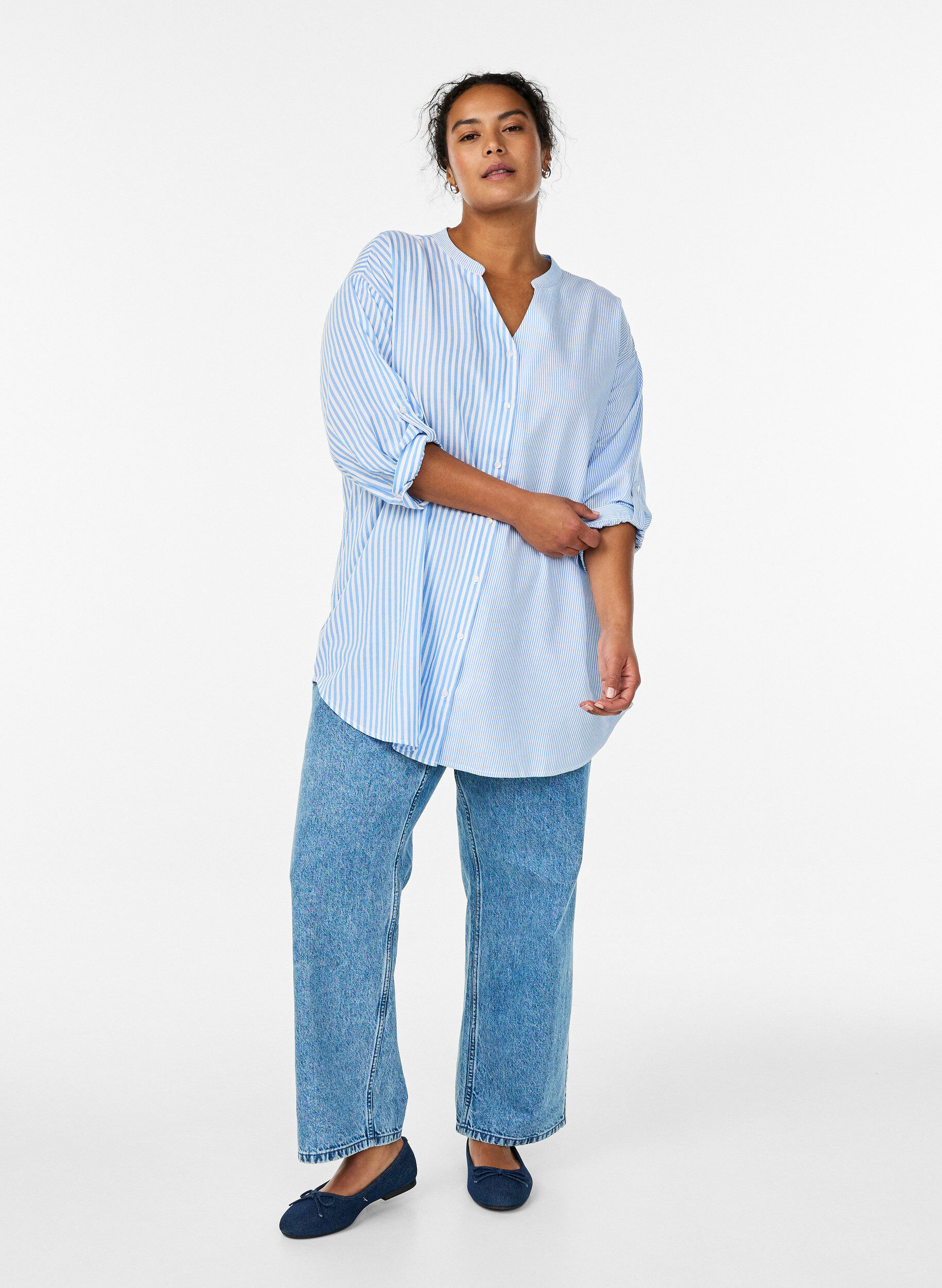 Zizzi Raidallinen tunika, &frac34;-mittaiset hihat, Sininen, Model image number 1