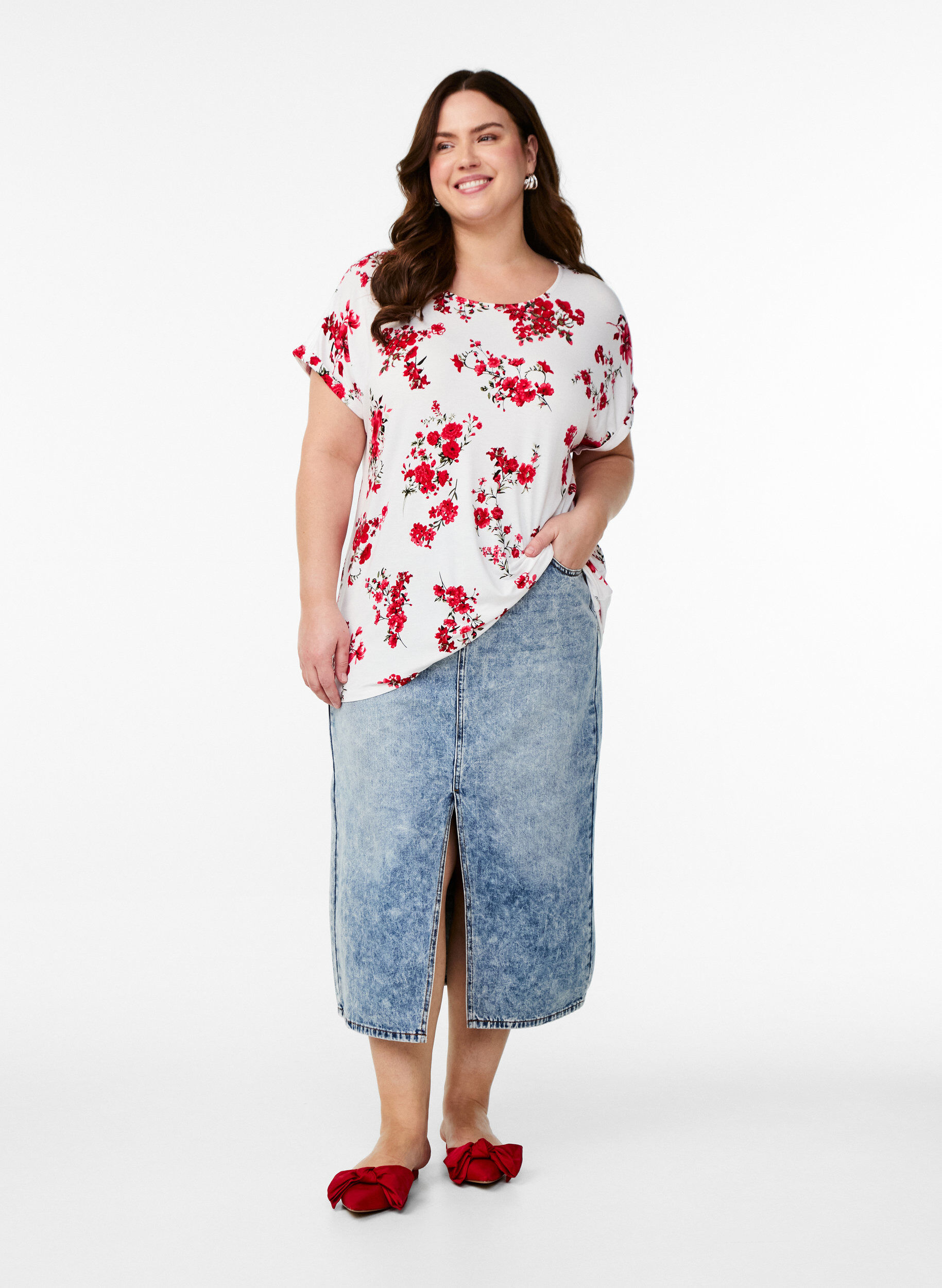 Zizzi T-paita kukkakuvioinnilla, Punainen, Model image number 1