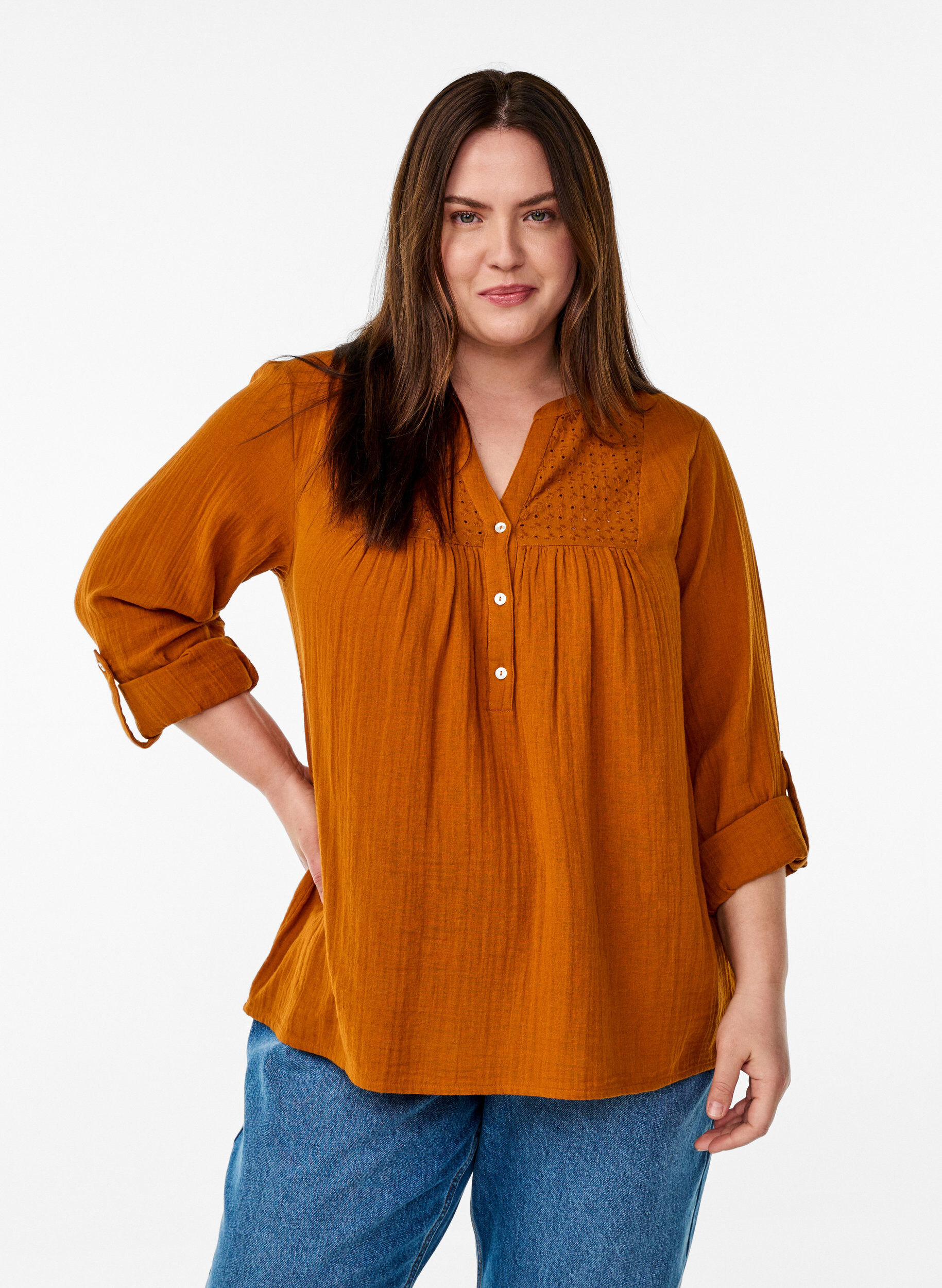ZizziPaita puuvillamusliinissa, jossa broderie anglaise -kirjailu, Oranssi, Model image number 0