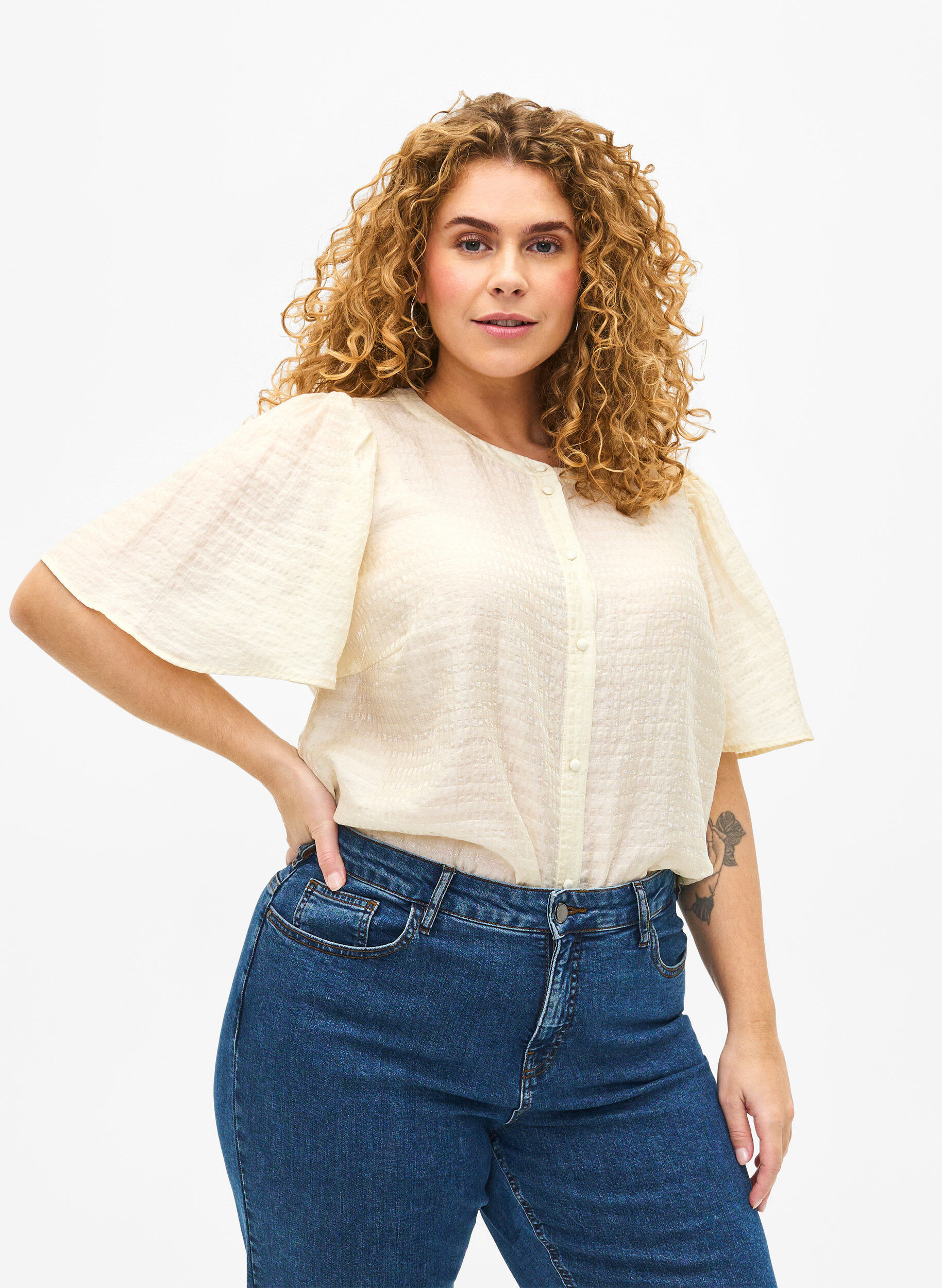 Zizzi Teksturoitu Lyocell-paitapusero, Antique White, Model image number 0