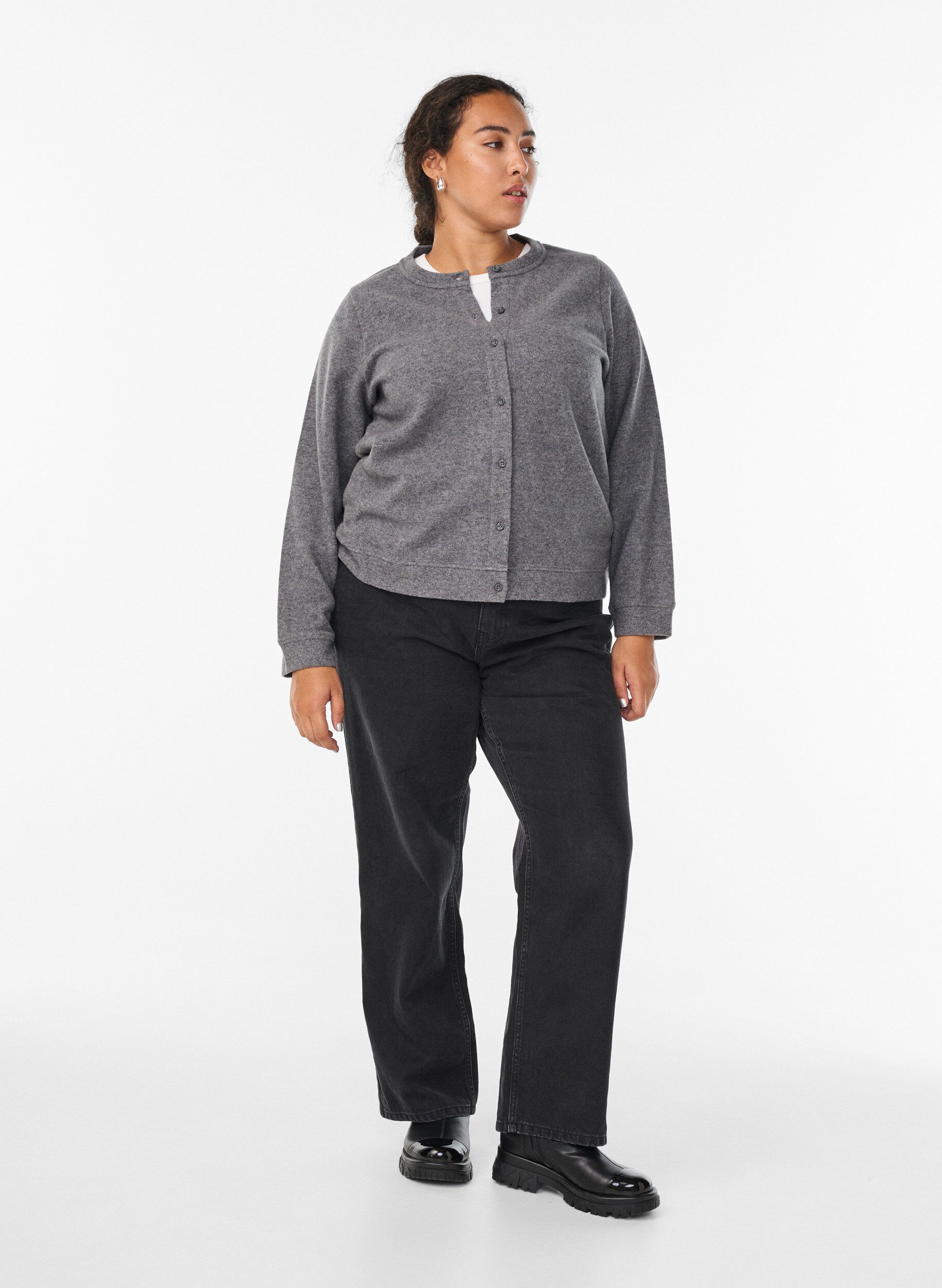 Zizzi Neuletakki py&ouml;re&auml;ll&auml; kauluksella ja napeilla, Harmaa, Model image number 1