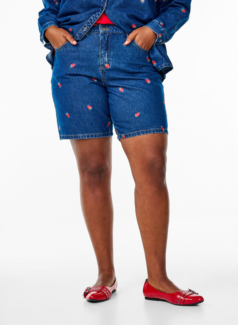 Farkkushortsit, joihin on kirjailtu mansikoita, Sininen, Model image number 2