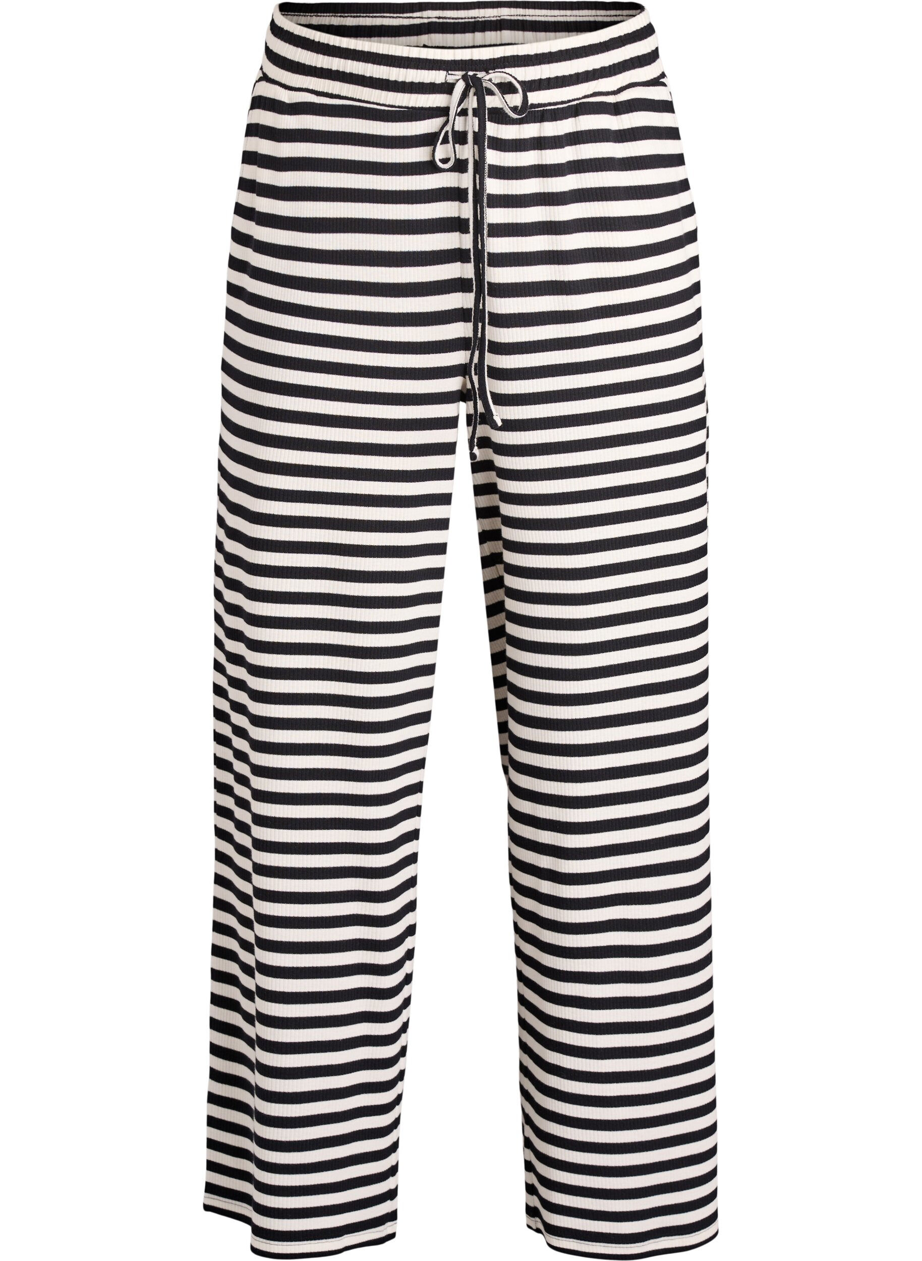 Raidalliset pyjamahousut korkealla vy&ouml;t&auml;r&ouml;ll&auml; ja leveill&auml; lahkeilla
