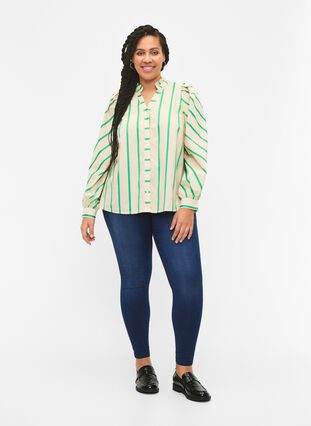 Puuvillainen paitapusero raidallisella kuosilla ja röyhelökauluksella, Beige Green Stripe, Model image number 2