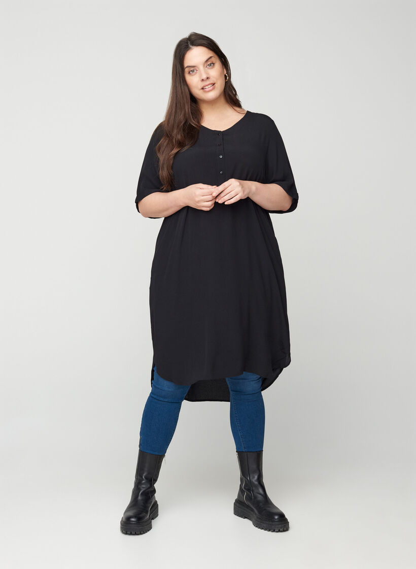 Lyhythihainen mekko kuosilla, Black, Model image number 2