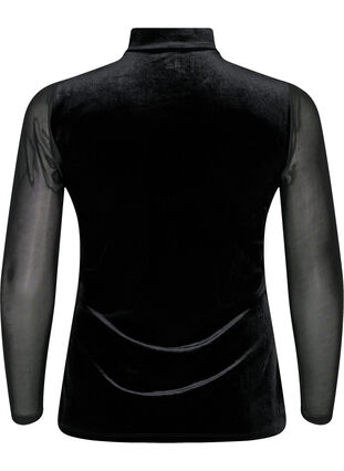 Samettinen pusero pitkillä mesh-kankaisilla hihoilla	, Black, Packshot image number 1