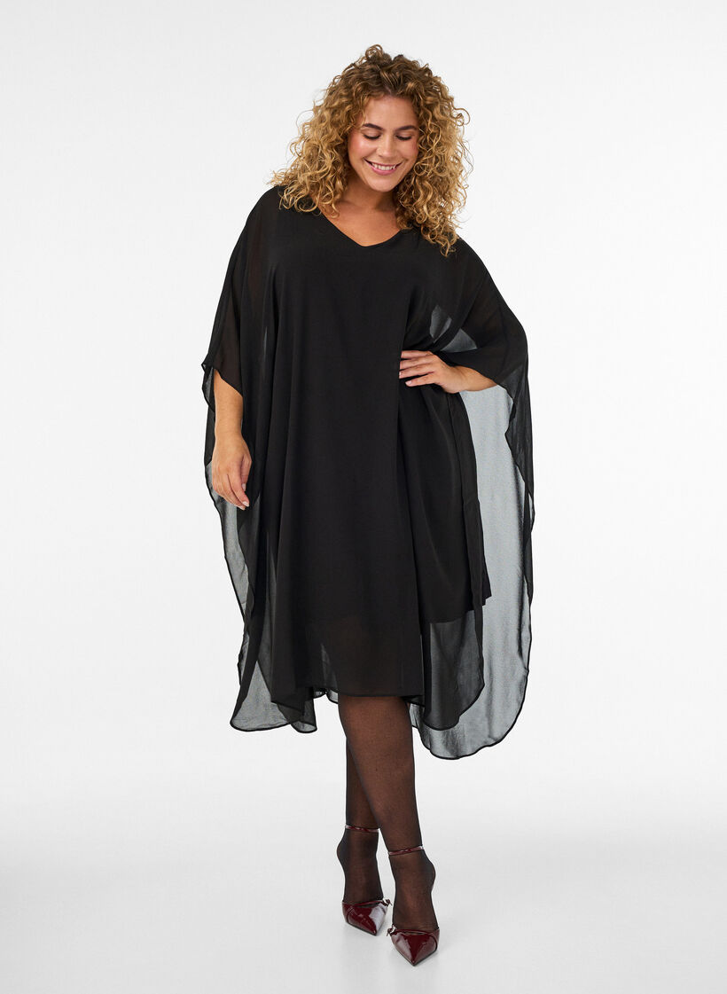 Lyhyt sifonkimekko V-p&auml;&auml;ntiell&auml;, Musta, Model image number 0