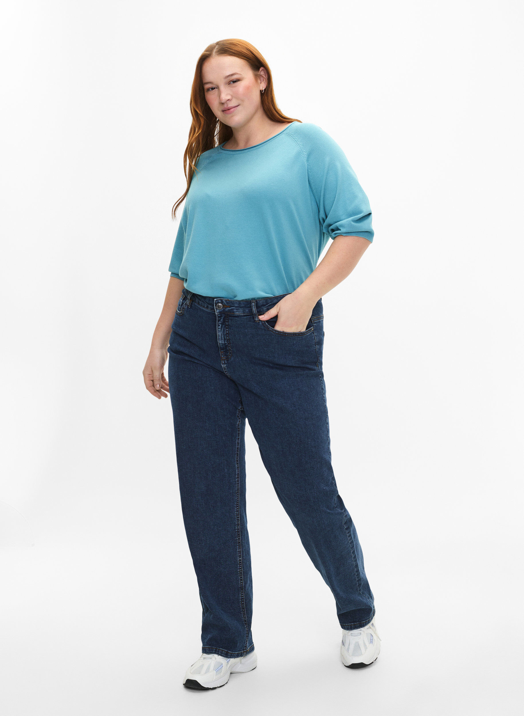 Zizzi Viskoosineulepusero, jossa on 3/4-pituiset hihat, Reef Waters, Model image number 2