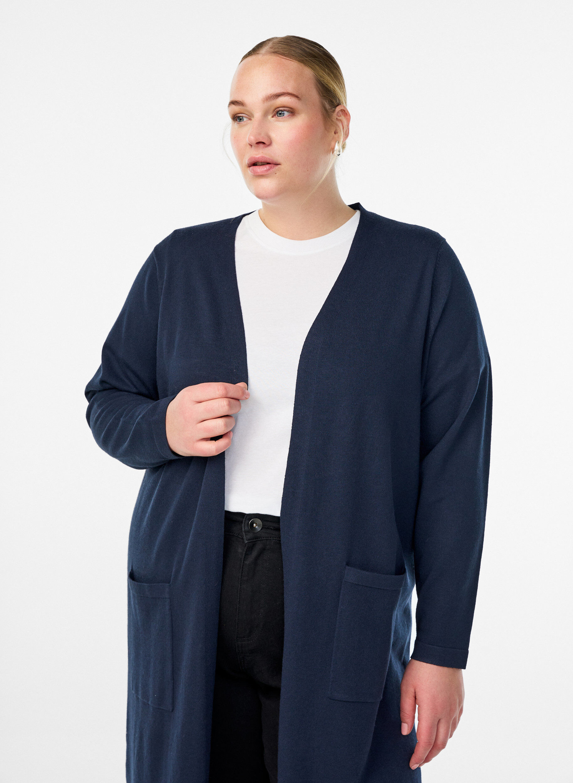 ZizziPitk&auml;, avoin neuletakki taskuilla, Sininen, Model image number 2