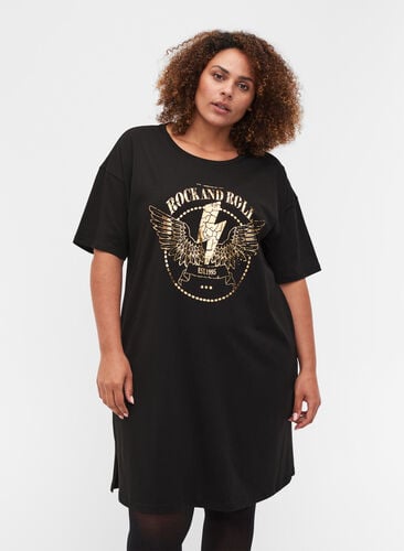 Puuvillainen t-paitamekko printillä, Black w. Gold, Model image number 0