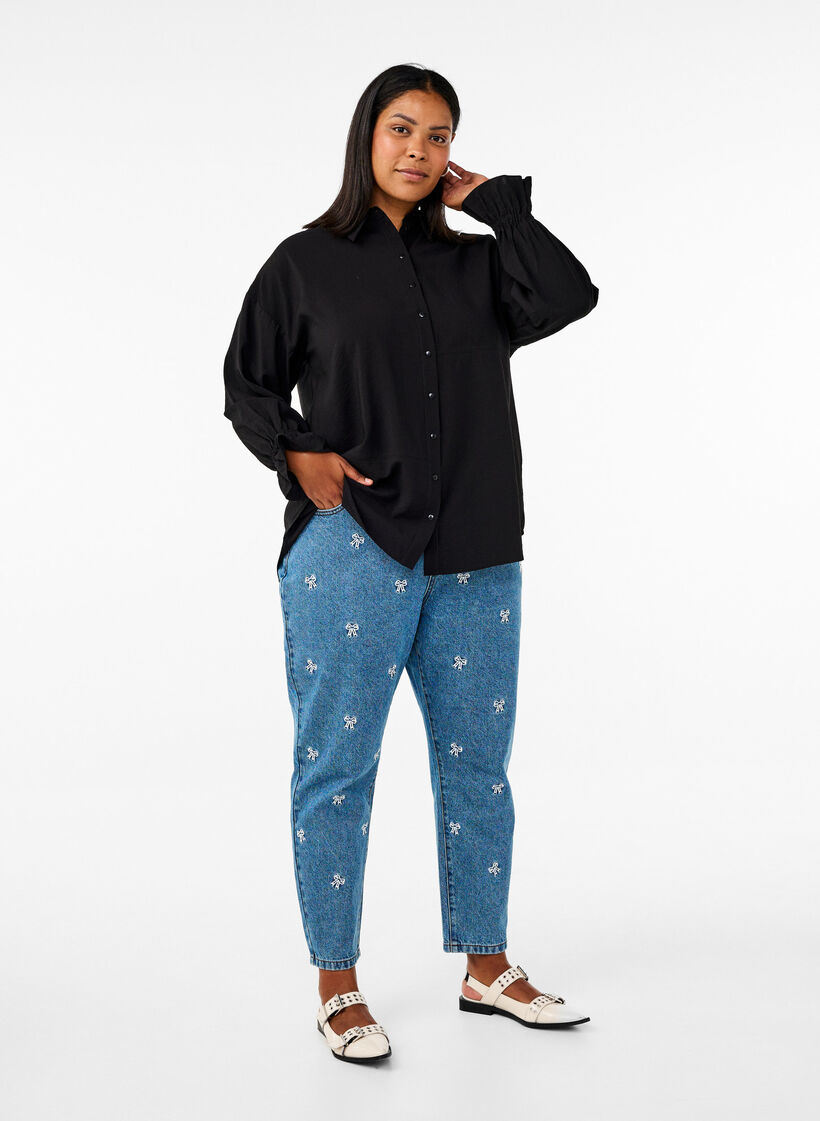 Pitkähihainen paita röyhelöyksityiskohdilla, Musta, Model image number 1