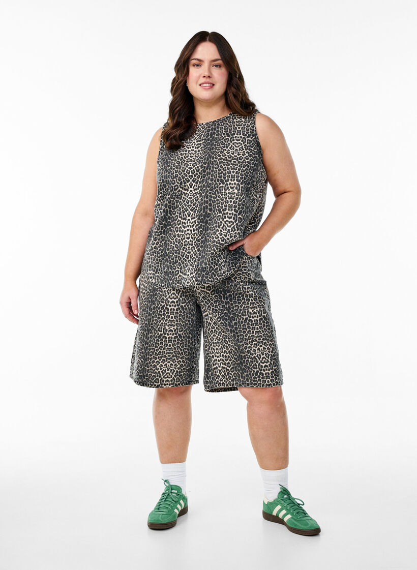 Hihaton leopardikuvioinen denimtoppi, Ruskea, Model image number 1