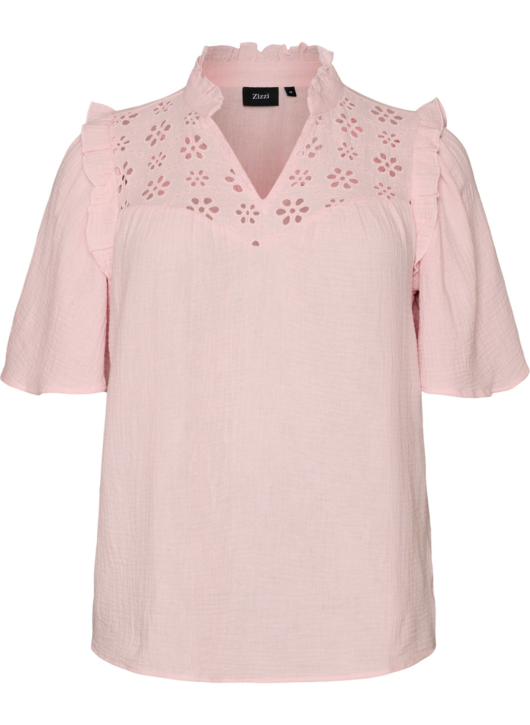 Puuvillamusliinipusero broderie anglaise -kirjonnalla ja 1/2-hihoilla
