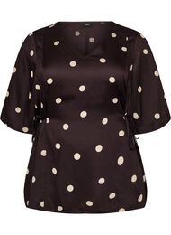 Pilkkukuvioinen viskoosipusero V-p&auml;&auml;ntiell&auml; ja solmittavalla kiinnityksell&auml;, Ruskea