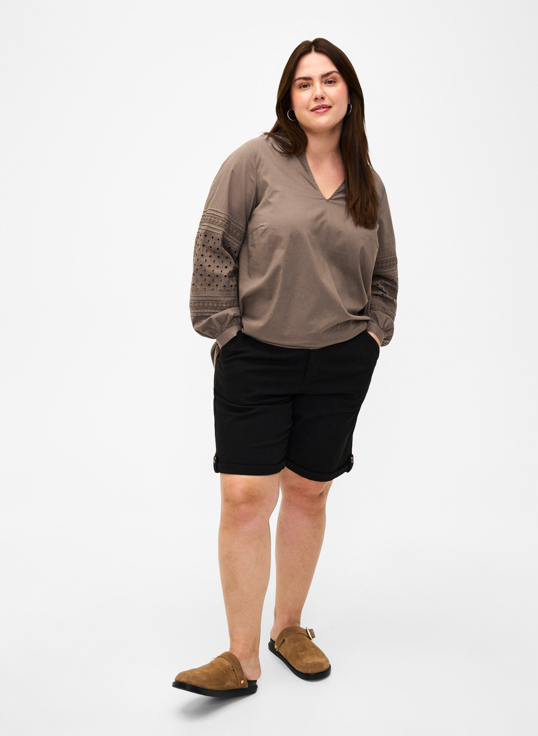 Zizzi Pitk&auml;hihainen pusero koristeellisilla yksityiskohdilla, Caribou, Model image number 2