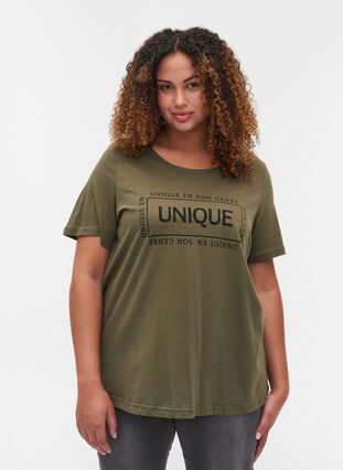 Lyhythihainen puuvillainen t-paita painatuksella, Ivy Green/Unique, Model image number 0