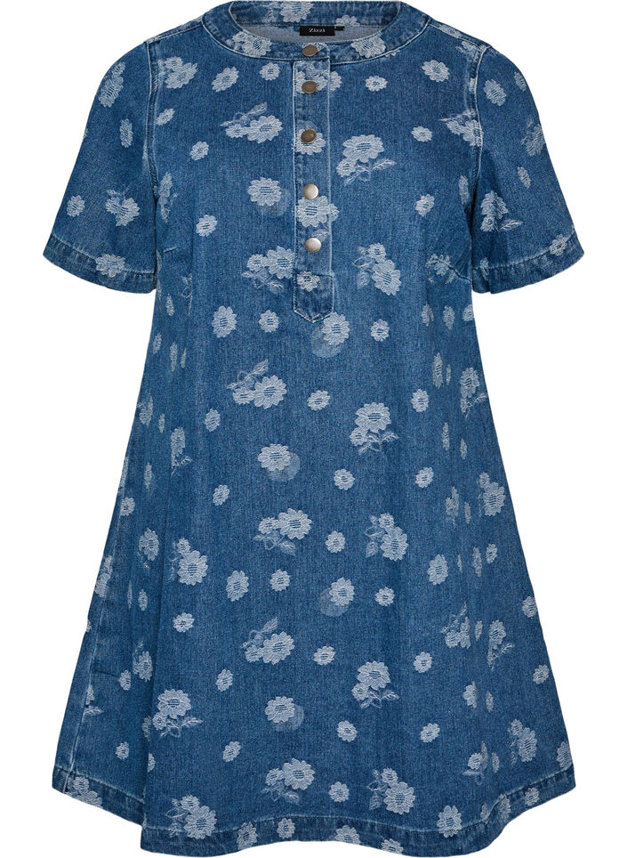 A-linjainen farkkumekko kukkakuviolla, Sininen, Packshot image number 0