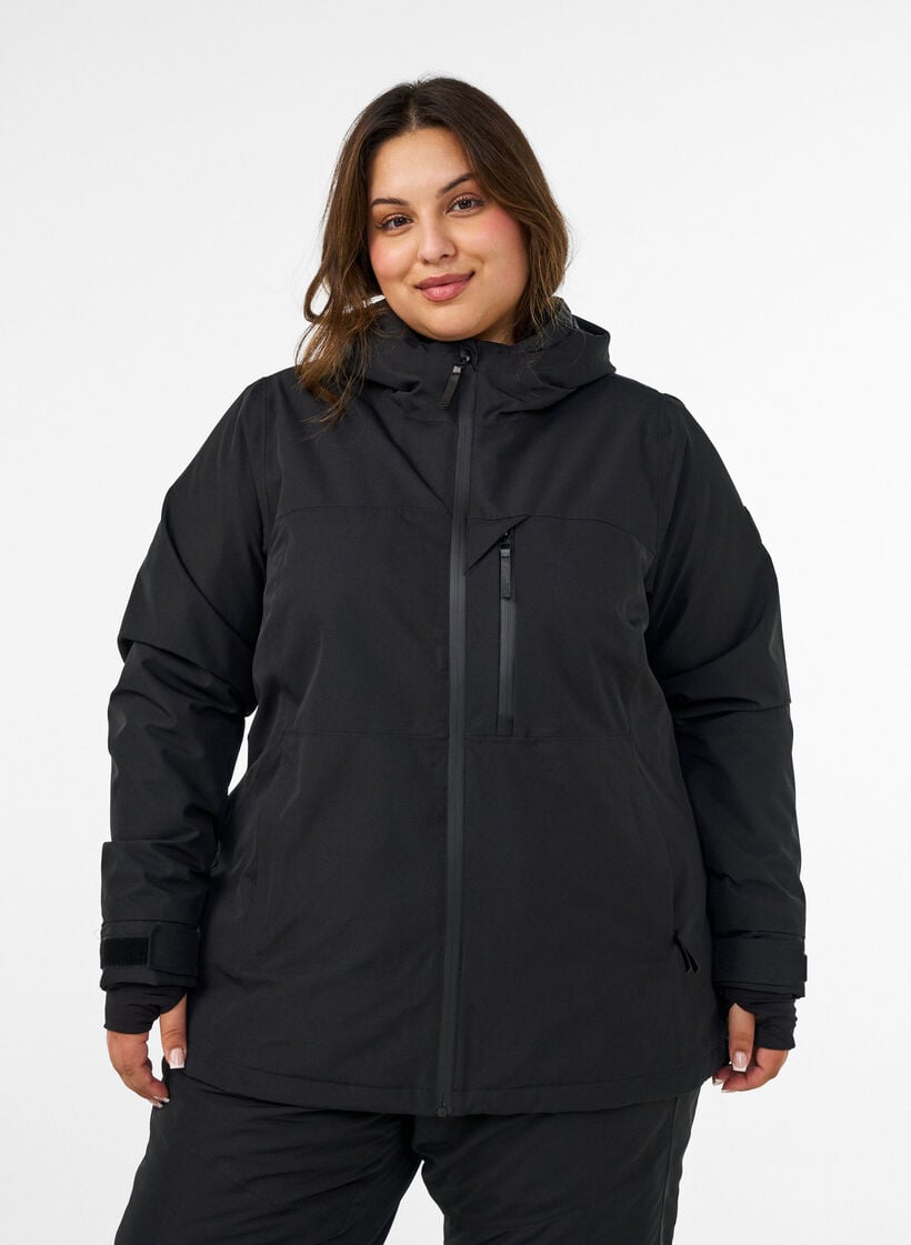 Laskettelutakki hupulla ja vetoketjullisilla taskuilla, Musta, Model image number 0
