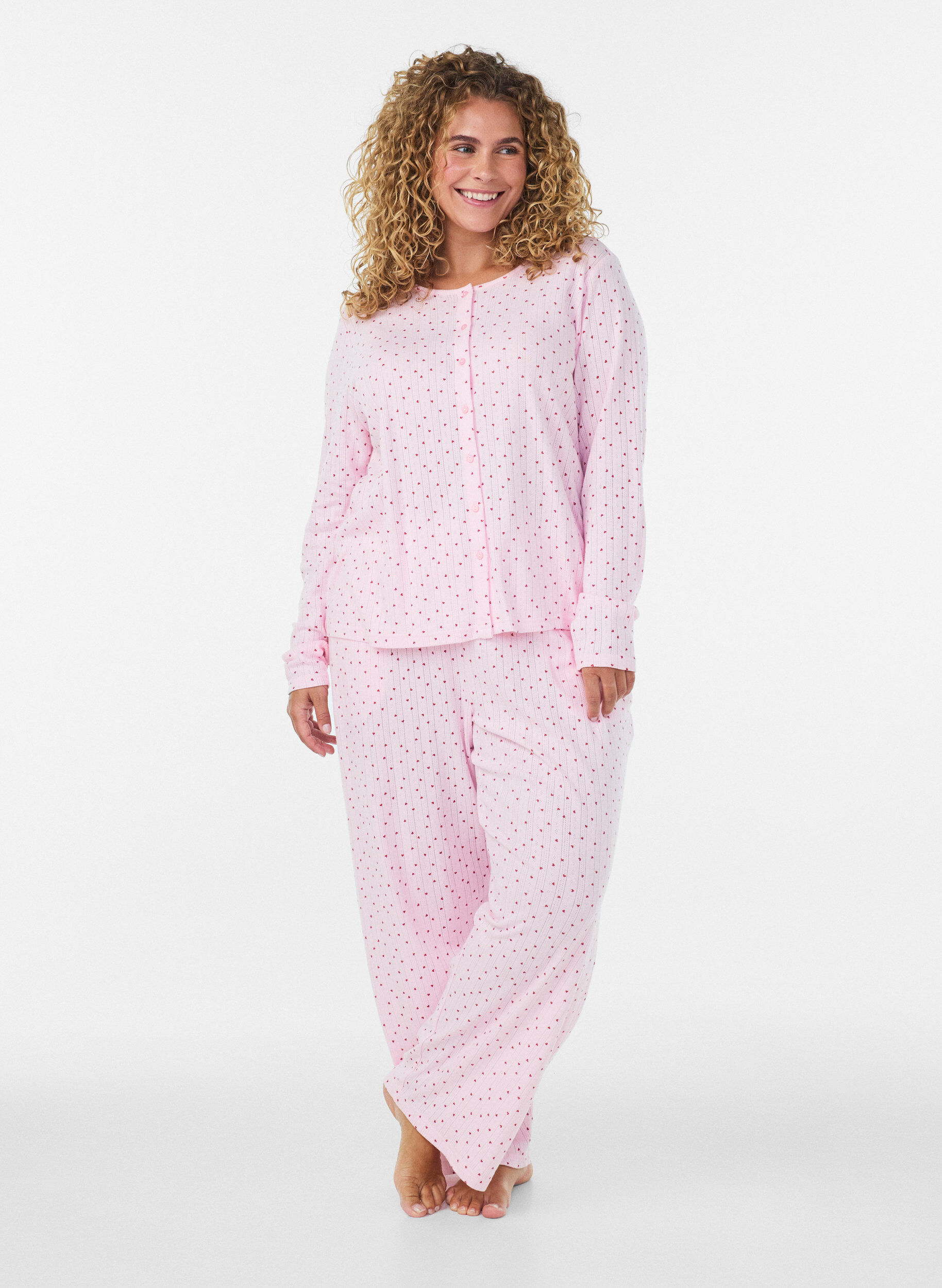 ZizziLuomupuuvillaiset pyjamahousut rei'itettyll&auml; kirjailulla, Vaaleanpunainen, Model image number 0