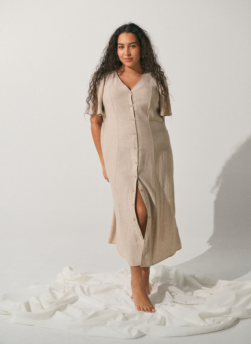 Midimekko pellava- ja viskoosisekoitteesta r&ouml;yhel&ouml;hihoilla, Beige, Image image number 0