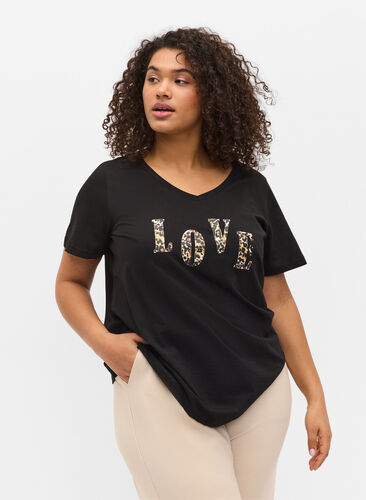 Puuvillainen t-paita v-aukolla , Black Love Leo, Model image number 0
