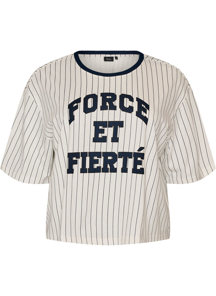 Boxy T-paita raidoilla ja statement-printill&auml;, Valkoinen, Packshot image number 0